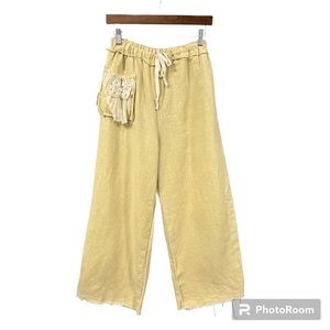 Women's Wide Leg Linen Pants L/XL Tattered Wear by Metta Marie Tan/Flax Coastal